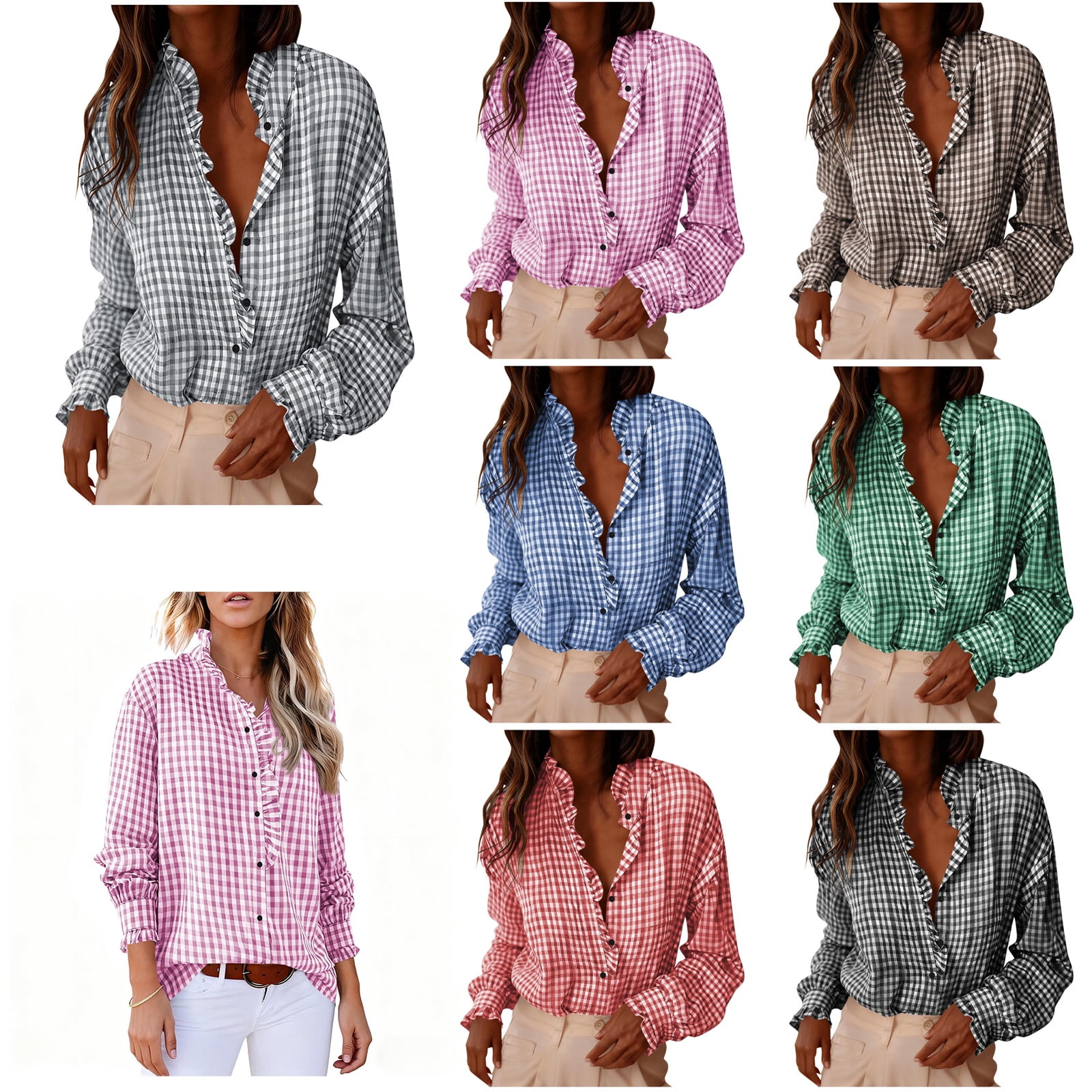 JGGSPWM Womens Classic Plaid Ruffle V Neck Button Down Blouse