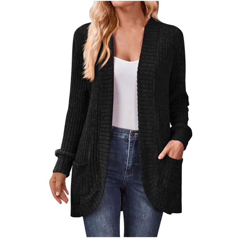 Womens Plus Size Open Front Knit Long Cardigan Sweater With Pockets Black Cv187ark9mr