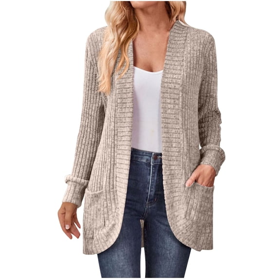 JGGSPWM Womens Classic Pocket Cardigans Long Sleeve Solid Ribbed Knit Open Front Casual Sweater Coat Khaki M