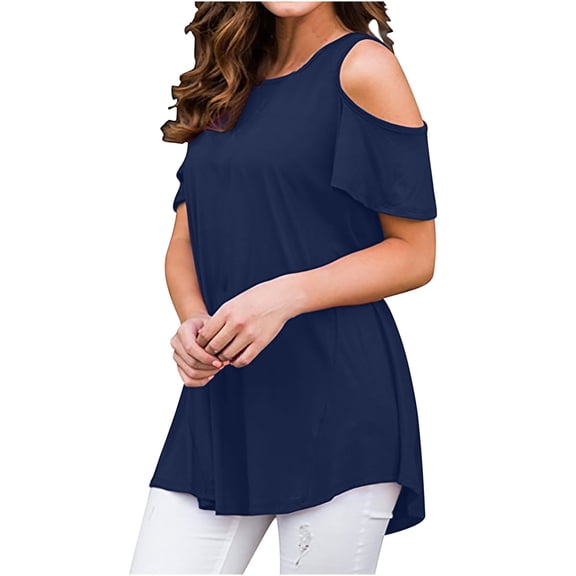 JGGSPWM Womens Cold Shoulder Solid Blouse Crewneck Short Sleeve Shirts Plus Size Retro Dressy Casual Tunic Tees Navy M