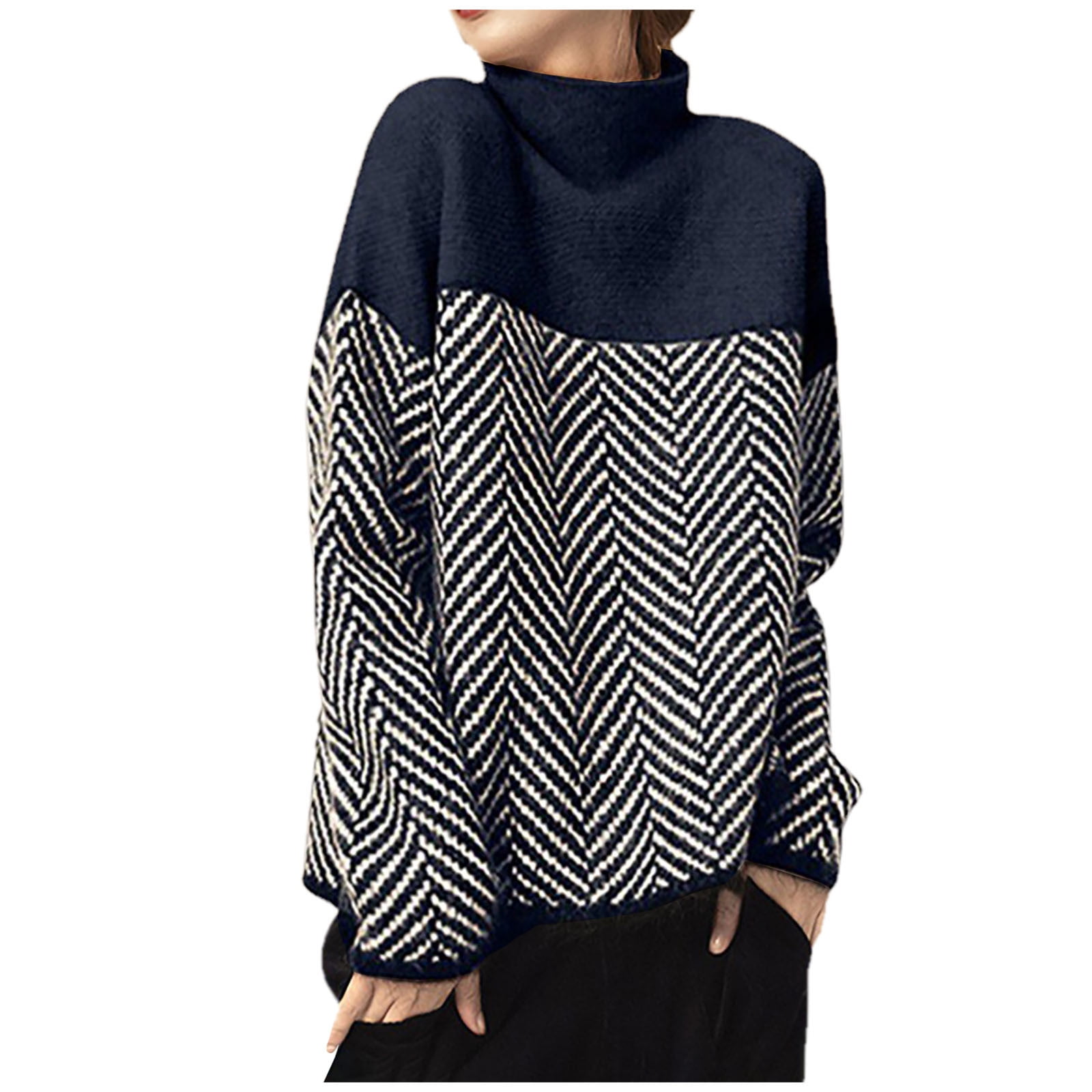 High neck color block patchwork sweaters hot sale