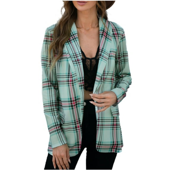 JGGSPWM Womens Color Block Plaid Open Front Blazer Suit Jacket Long Sleeve Lapel V Neck Outwear Tops Trendy Pullover Loose Coat Green M