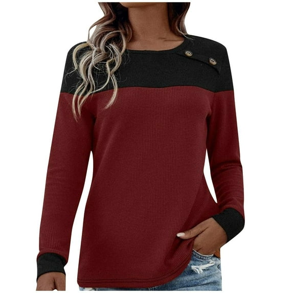 JGGSPWM Womens Color Block Waffle Knit Sweater Long Sleeve Pullover Tops Shirts Loose Fit Button Decor Fashion Crew Neck Blouse Red M