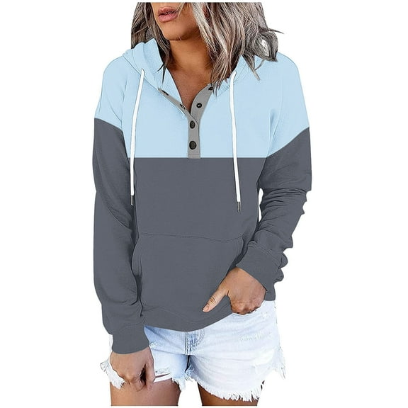 JGGSPWM Womens Contrasting Hoodies Button Collar Drawstring Hooded Pullover Sweatshirt Casual Long Sleeve Tops Shirts Blue L