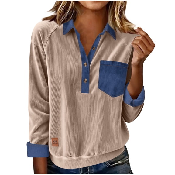 JGGSPWM Womens Corduroy Button Up Shirt Solid Casual Long Sleeve Lapel Denim Patchwork Stitching Pullover Sweatshirt Tops Beige XL