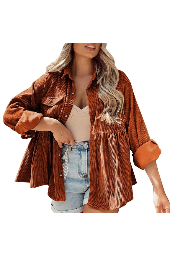 Womens Corduroy Shirts Long Sleeve Lapel Button Down Blouses Cute Peplum Tunic Dress Shirts Loose Jacket Shackets Orange XL