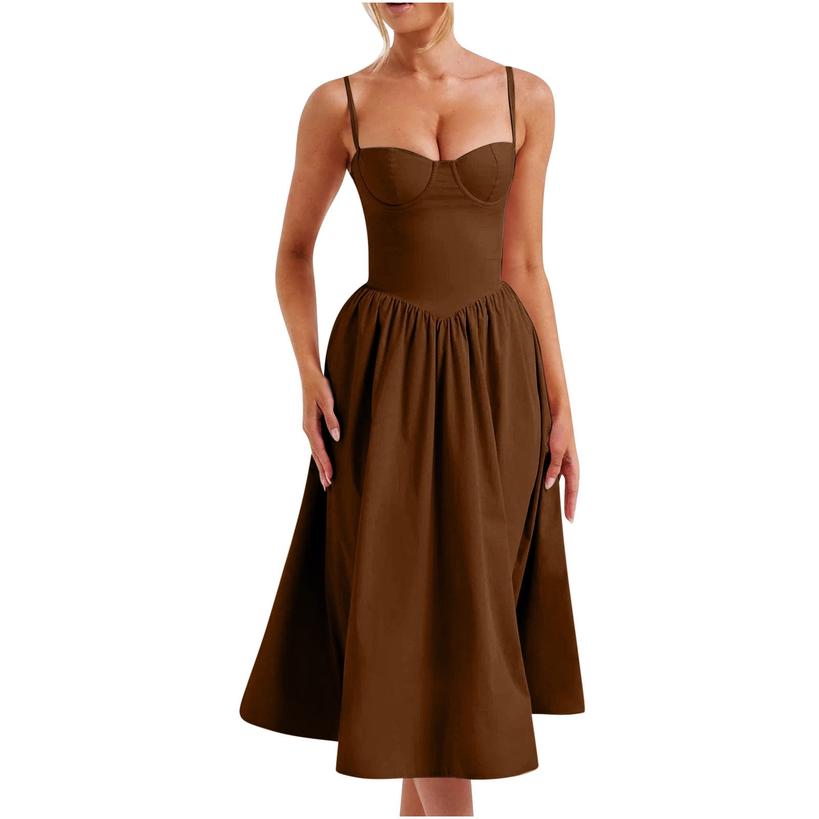 JGGSPWM Womens Corset Dress Elegant Spaghetti Strap Bustier Midi Dress Low  Cut Flowy Pleated Hem Formal Dresses with Pockets Brown M - Walmart.com