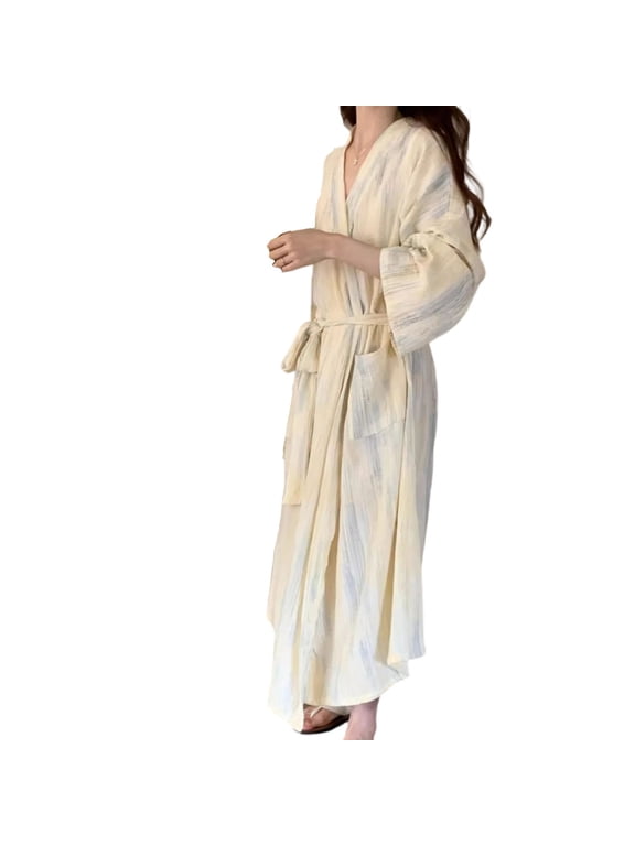 Womens Cotton Bathrobe, Lightweight After Bath Robes Loungewear with Pockets Breathable Loose Home Nightgown Yellow M