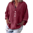 thumbnail image 1 of JGGSPWM Womens Cotton Linen Solid Top and Blouse Butter V Neck Elbow-Length Shirts Comfortable Casual Elegant Tunic Tees Wine L, 1 of 7