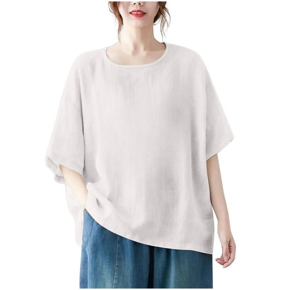 JGGSPWM Womens Cotton Linen Tops Crewneck Short Sleeve Blouses Loose Breathable Comfortable Casual Summer Shirt (S-4XL) White XXL