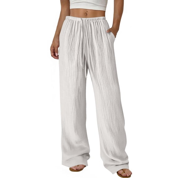 JGGSPWM Womens Cotton Textured Ruched Pants High Waist Elastic Drawstring Waisted Loose Fit Trousers Trendy Summer Pants White M