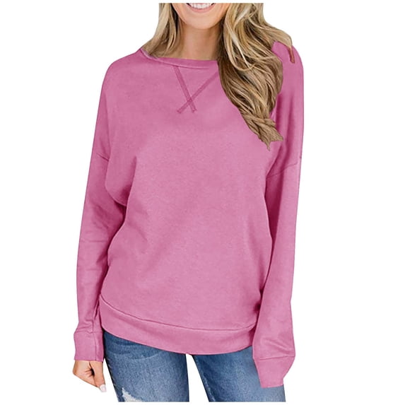JGGSPWM Womens Crewneck Drop Long Sleeve Casual Crewneck Sweatshirts Casual Oversize Pullover Long Sleeve Sweatshirt Tops Pink S