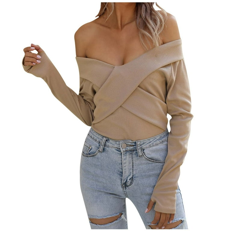 Off the shoulder criss cross sweater sales