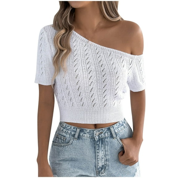 JGGSPWM Womens Crochet Hollow Off The Shoulder Knit Tops Short Sleeve Spring Summer Trendy Sweaters White S