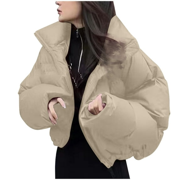 JGGSPWM Womens Cropped Puff Jacket Drawstring Hem Solid Lapel Collar Y2K Pocket Full Zipper Teen Girl Long Sleeve Winter Coat Beige M