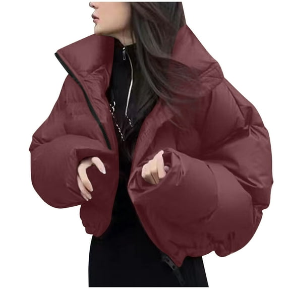 JGGSPWM Womens Cropped Puff Jacket Drawstring Hem Solid Lapel Collar Y2K Pocket Full Zipper Teen Girl Long Sleeve Winter Coat Wine XXL