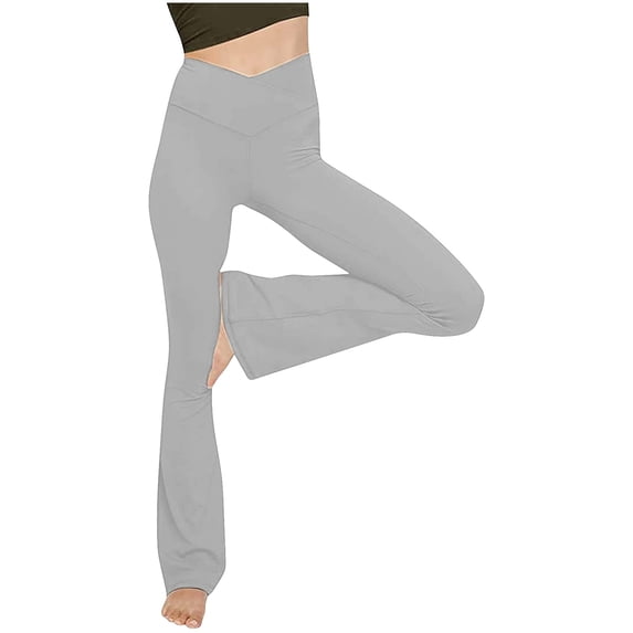 JGGSPWM Womens Crossover Flare Leggings with Pockets Bootcut High Waisted Yoga Pants Tummy Control Gym Workout Work Pants(Without Pocket) Gray S