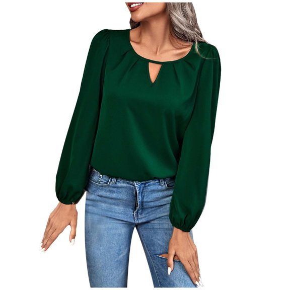 JGGSPWM Womens Cut out Ruched Tops Tunic Regular Fit Tshirt Spring Blouse Pullover Long Sleeve Crewneck Solid Lantern Sleeve Tee Shirts Army Green XL