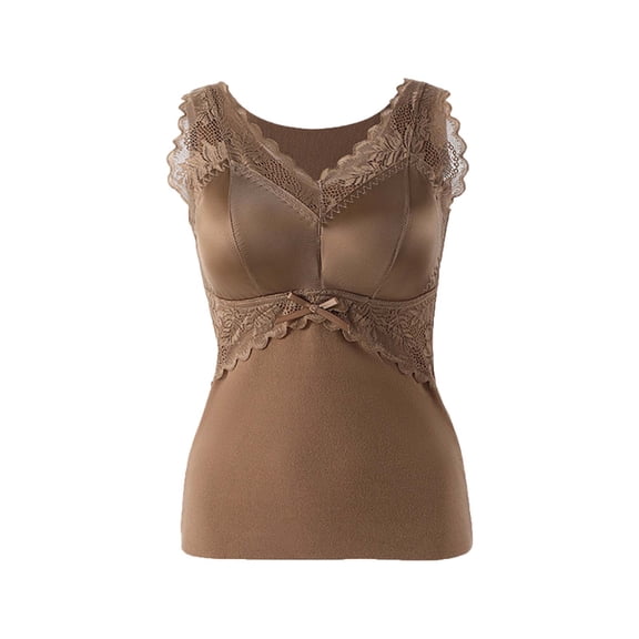 JGGSPWM Womens Cute Lace Thermal Tank Tops Built in Bra Warm Underwear High Stretch Sleeveless Camisoles Comfy Soft Base Layer Vest Brown L