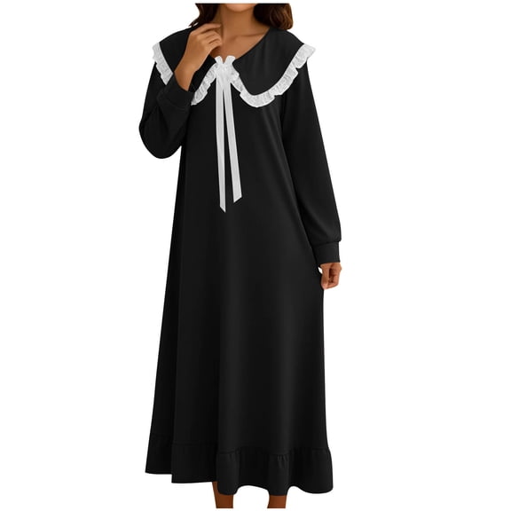 JGGSPWM Womens Cute Nightgown Teen Girls Doll Collar Long Sleeve Sleepwear Ruffle Hem Long Loungewear Vintage Casual Dress Black XXXL