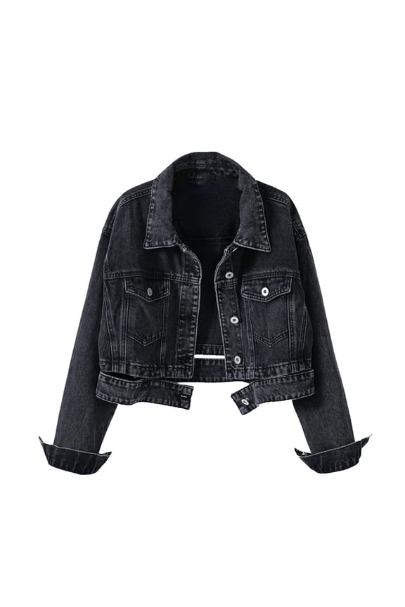 Womens Denim Jackets Distressed Ripped Long Sleeve Jean Jacket Trendy Outerwear Coats Black L