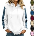 thumbnail image 1 of JGGSPWM Womens Denim Sleeve Patchwork Hoodie, Drawstring Color Block Pullover Sweatshirt, Relaxed Fit Fall Streetwear Tops Black M, 1 of 7