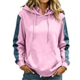 thumbnail image 1 of JGGSPWM Womens Denim Sleeve Patchwork Hoodie, Drawstring Color Block Pullover Sweatshirt, Relaxed Fit Fall Streetwear Tops Pink S, 1 of 7