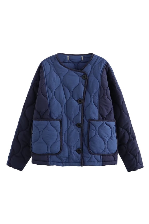 Womens Diamond Quilted Jacket Lightweight Padding Coat with Pockets, Regular Fit Fashion Solid Color Fall Winter Tops Blue M