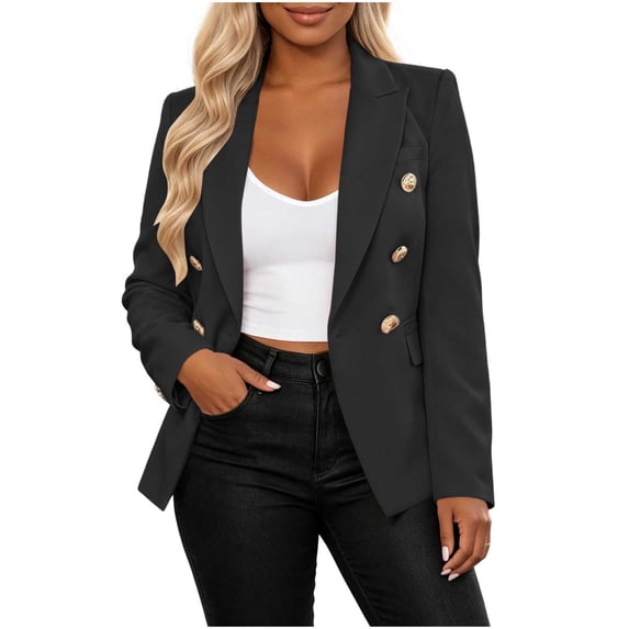 JGGSPWM Womens Double Breasted Blazer Lapel Collar, Slim Fit Business Casual Suit Jackets, Wedding Party Work Clothes Black S