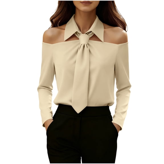 JGGSPWM Womens Dressy Casual Blouses Bow Tie Neck Off Shoulder Long Sleeve Elegant Business Work Shirt Tops Yellow L