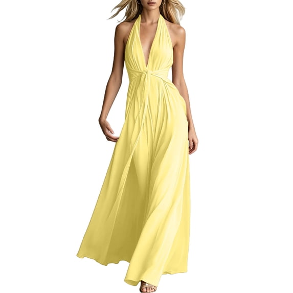JGGSPWM Womens Elegant Maxi Dresses Wedding Guest Party Evening Gown for Women, Sleeveless Halter V Neck Flowy Long Dress Yellow S
