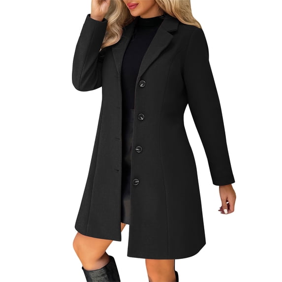 JGGSPWM Womens Elegant Single Breasted Trench Coat Thicken Woolen Blend Long Sleeve Winter Overcoat Work Office Pea Coats Black L