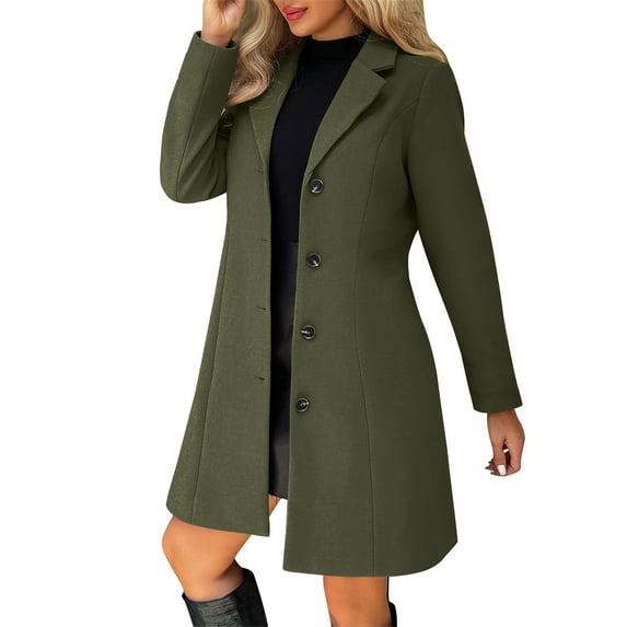 JGGSPWM Womens Elegant Single Breasted Trench Coat Thicken Woolen Blend Long Sleeve Winter Overcoat Work Office Pea Coats Green M