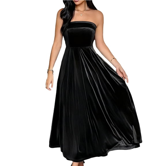 JGGSPWM Womens Elegant Tube Sleeveless Velvet Cocktail Dresses High Waist Party Maxi Wedding Guest Ruched A Line Dress Black S
