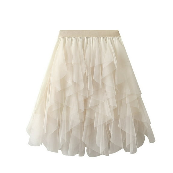 JGGSPWM Womens Elegant Tulle Tiered Midi Skirt Elastic Waist Versatile Solid Color Mesh Multilayer Short Skirts Beige Free Size