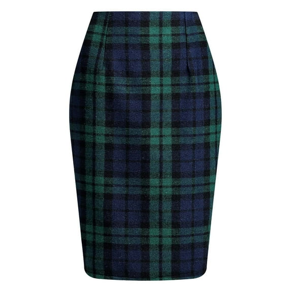 JGGSPWM Womens Elegant Wool Plaid Pencil Skirt High Waist Design Officewear Winter Tight Knee Length Mid Length Skirts Green S