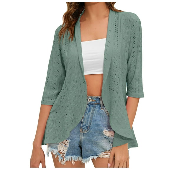 JGGSPWM Womens Eyelet Hollow Lace Cardigan Ruffle Shrugs Tunic Cardigan Open Front 3/4 Sleeve Shirts Green XL