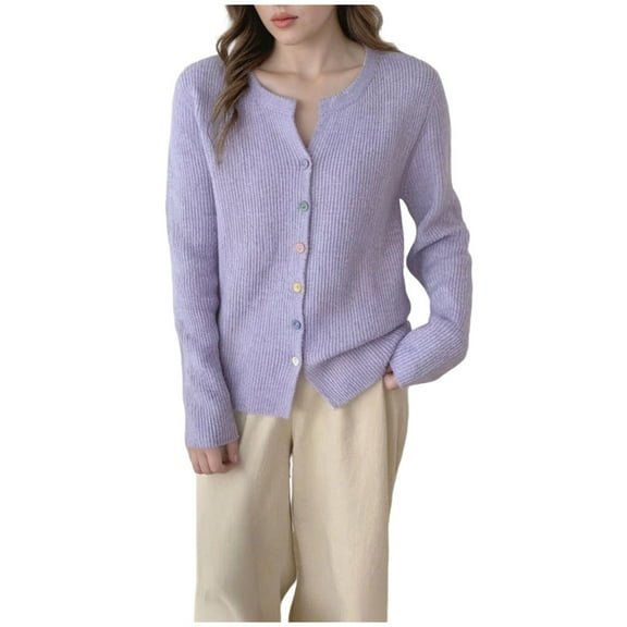 JGGSPWM Womens Fall Solid Color Cardigan Sweater Crew Neck Long Sleeve Knit Casual Button Down Lightweight Tops Outwear Purple Free Size