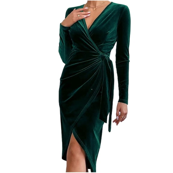 JGGSPWM Womens Fall Velvet Wrap V Neck Long Sleeve Dress Split Ruched Cocktail Dress Wedding Prom Dresses Green S
