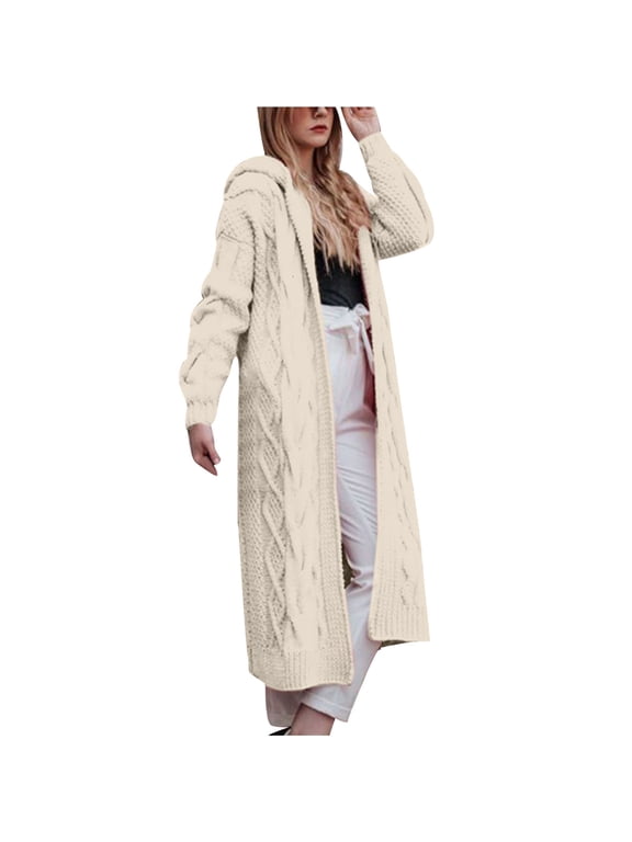 Womens Fall Winter Hooded Casual Cable Knit Long Trench Coat Long Sleeve Casual Elegant Open Front Solid Cardigans Sweaters White XXXXXL