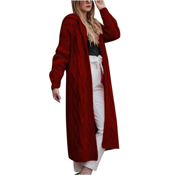 JGGSPWM Womens Fall Winter Hooded Casual Cable Knit Long Trench Coat Long Sleeve Casual Elegant Open Front Solid Cardigans Sweaters Wine XL