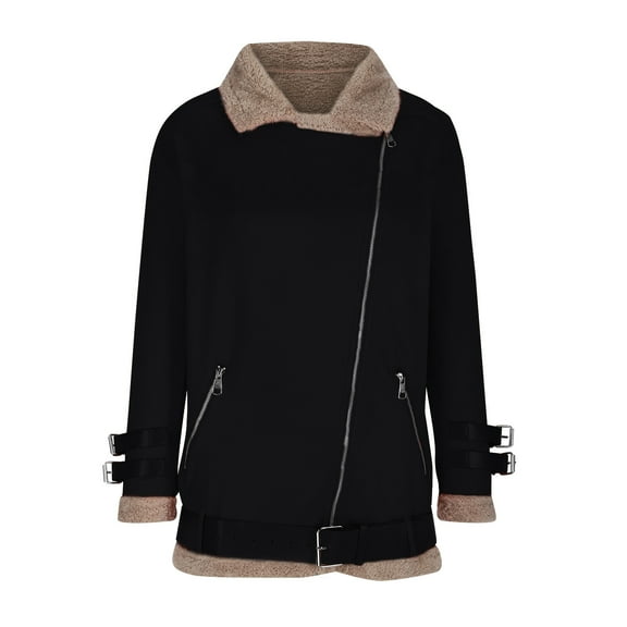 JGGSPWM Womens Fall Winter Suede Sherpa Lined Leather Jacket Casual Zip Up Long Sleeve Fuzzy Fleece Coat with Pockets Black 5XL