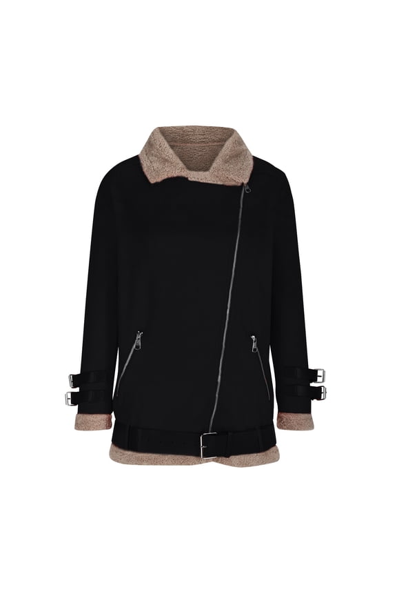 Womens Fall Winter Suede Sherpa Lined Leather Jacket Casual Zip Up Long Sleeve Fuzzy Fleece Coat with Pockets Black L
