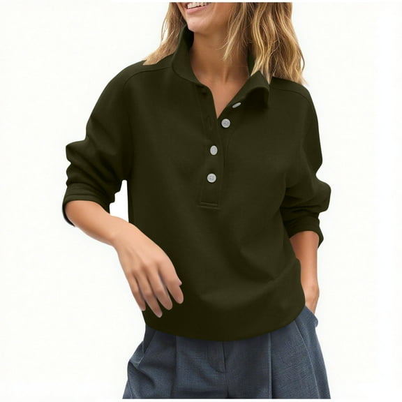 JGGSPWM Womens Fashion Casual Solid Color Sweatshirt Long Sleeve Button Collared Loose Fit Fall Pullover Tops Green M