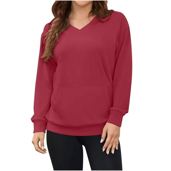 JGGSPWM Womens Fashion Solid Color Long Sleeve Sweatshirt Casual Fall V Neck Hoodless Pullover Tops with Pockets Red L