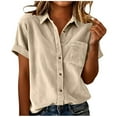 thumbnail image 1 of JGGSPWM Womens Fashion Solid Color Short Sleeve Shirts Loose Casual Collared Button Down Shirt Cardigan Tops with Pockets Beige M, 1 of 5