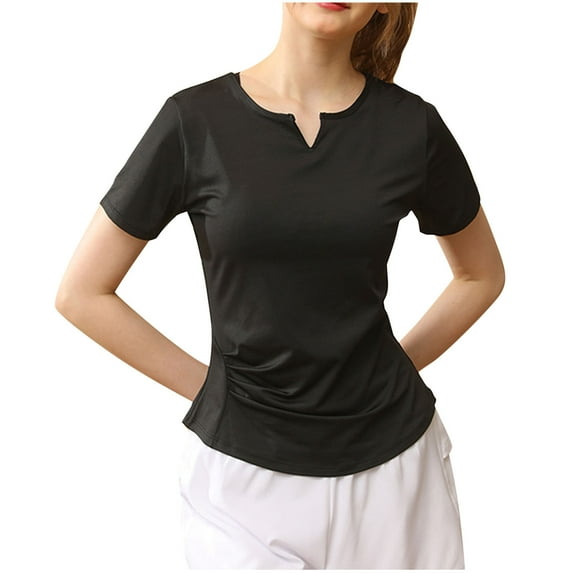 JGGSPWM Womens Fashion Sporty Solid Color Breathable V Neck Casual Running Curve Hem Summer Tee Tops Clothings Black 3XL