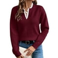 thumbnail image 1 of JGGSPWM Womens Fashionable Elegant Romantic Lace Trim V Neck Sweater Solid Color Loose Long Sleeve Casual Fall Winter Sweater Red L, 1 of 4
