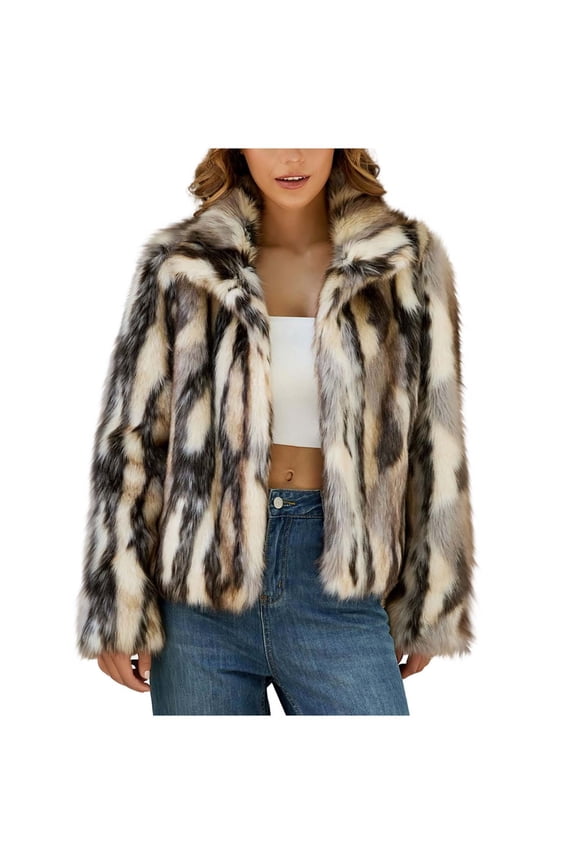 Womens Faux Furry Coat Leopard Jacket Lapel Furry Jackets Casual Long Sleeve Loose Coats Winter Shaggy Cropped Coat Brown XXXL