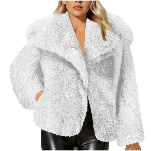 JGGSPWM Womens Faux Furry Coat Winter Shaggy Casual Oversized Lapel Jackets Fashion Solid Color Warm Fuzzy Outerwear White M